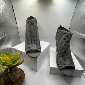 Gray Perforated Peep Toe Ankle Booties Chunky Heel Zipper